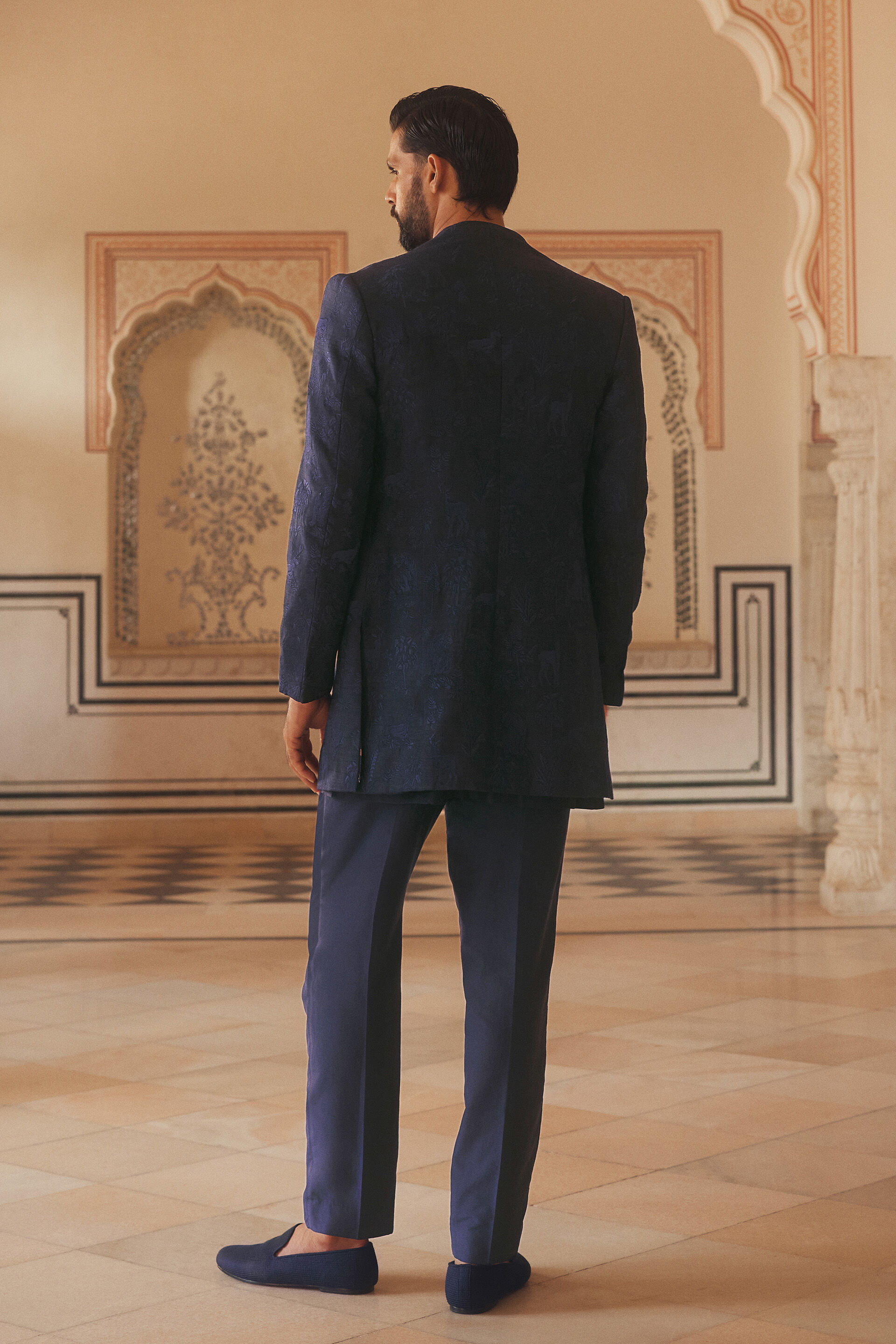 Parikshit Embroidered Silk Sherwani - Navy Blue